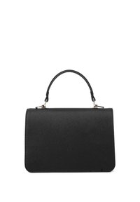 Borsa a mano nera strutturata realizzata in pelle testurizzata. Presenta un unico manico superiore e una chiusura a patta magnetica, con un design minimalista.