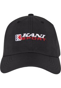 Fekete pamut baseballsapka ívelt karimával, az elején fehér és piros hímzett "KANI SPORT" logóval.