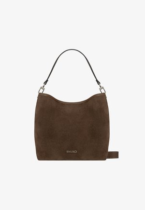 Hnedá semišová kabelka s jedným čiernym remienkom, striebornými kovaniami a názvom značky "RYŁKO" v zlatom písme na prednej strane.