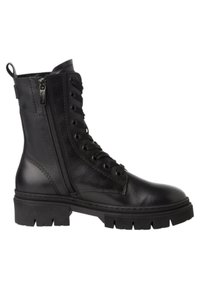 Botte de combat en cuir noir avec un laçage à l'avant et une fermeture éclair sur le côté. Caractéristiques d'une semelle à crampons épaisse et d'une texture lisse. Hauteur mi-mollet.