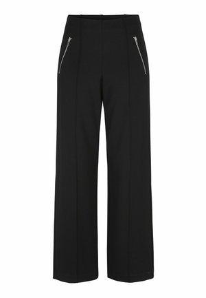 Schwarze, hoch taillierte Hosen mit weitem Bein, vorderen vertikalen Nähten und silbernen Reißverschlusstaschen auf beiden Seiten.