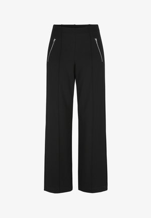Zwarte wijde broek met hoge taille, verticale naden aan de voorkant en zilveren ritszakken aan beide zijden.