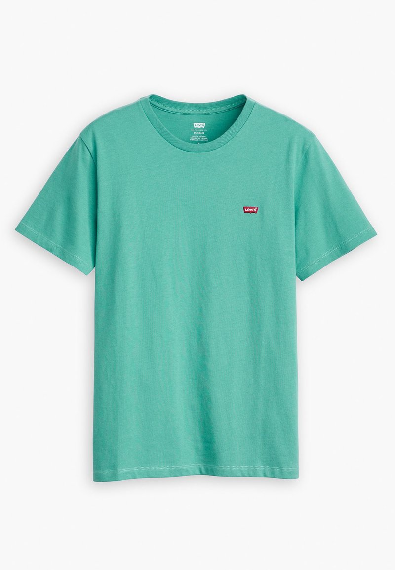 Kurzarm-T-Shirt aus einfarbigem teal Stoff, mit Rundhalsausschnitt, versehen mit einem kleinen roten Levi's-Logo auf der linken Brustseite.