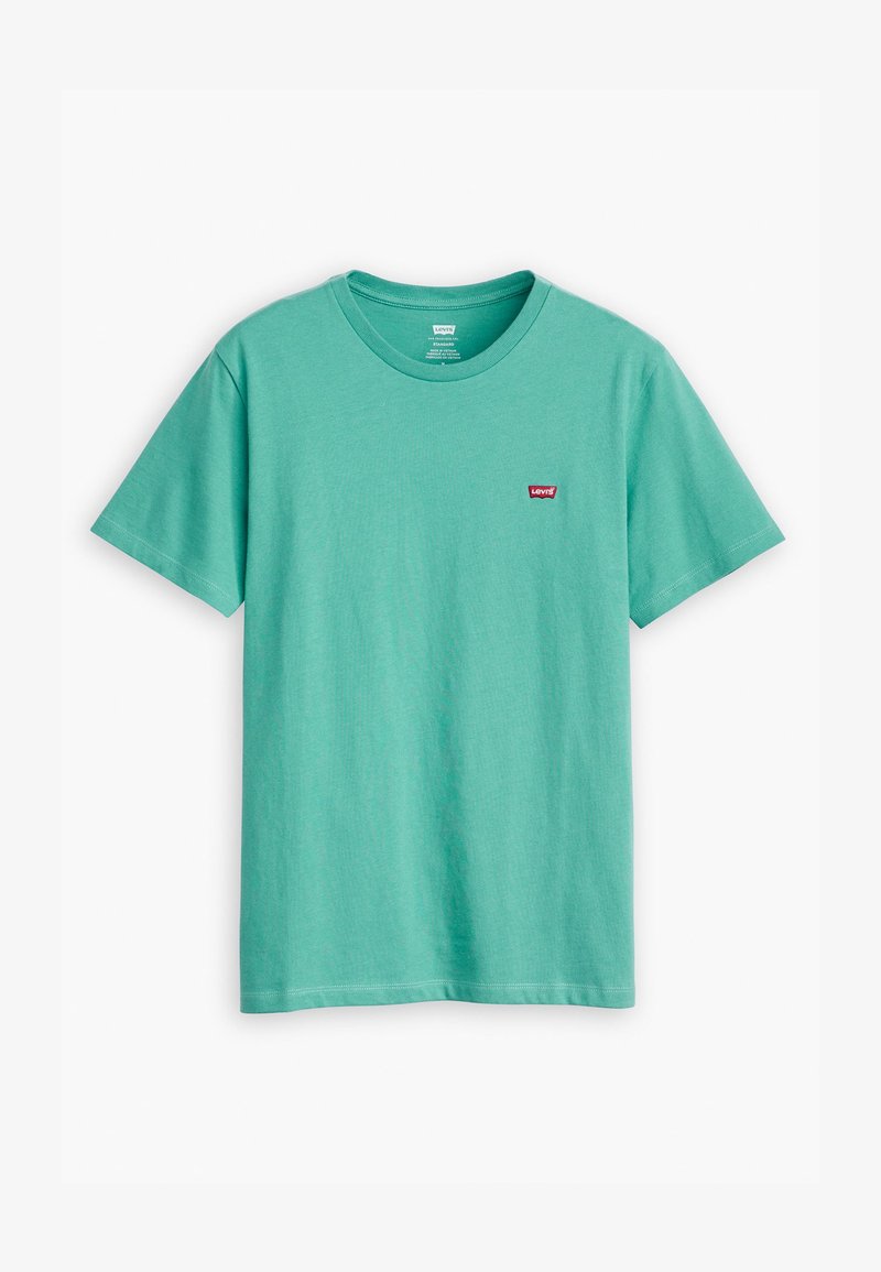 T-shirt à manches courtes en tissu teal uni, design col rond, présentant un petit logo rouge Levi's sur la zone gauche de la poitrine.