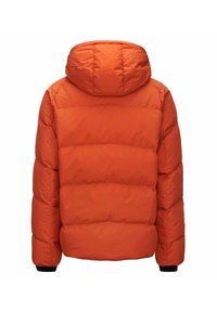 Giacca puffer arancione con cappuccio, design a righe orizzontali, polsini a coste e una texture liscia e lucida.