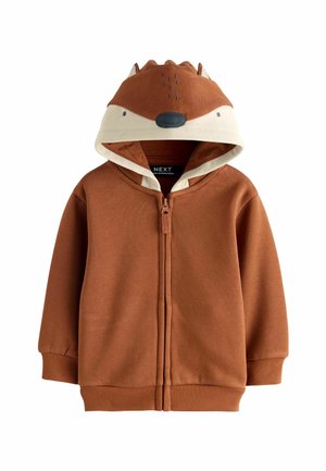 Brown zip-up hoodie with an animal face design, soft fabric, two-tone beige and brown hood, and small ears on top.
