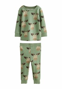 Zelené bavlnené pyžamo s potlačou hláv losov a kockovanými detailmi. Dlhý rukáv a priliehavé nohavice s rebrovanými manžetami.