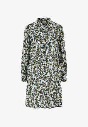 Sukienka w kwiaty z zielonym, białym i brązowym wzorem, długimi rękawami, zapinana na guziki i z kołnierzykiem. Krój w kształcie litery A, do kolan.