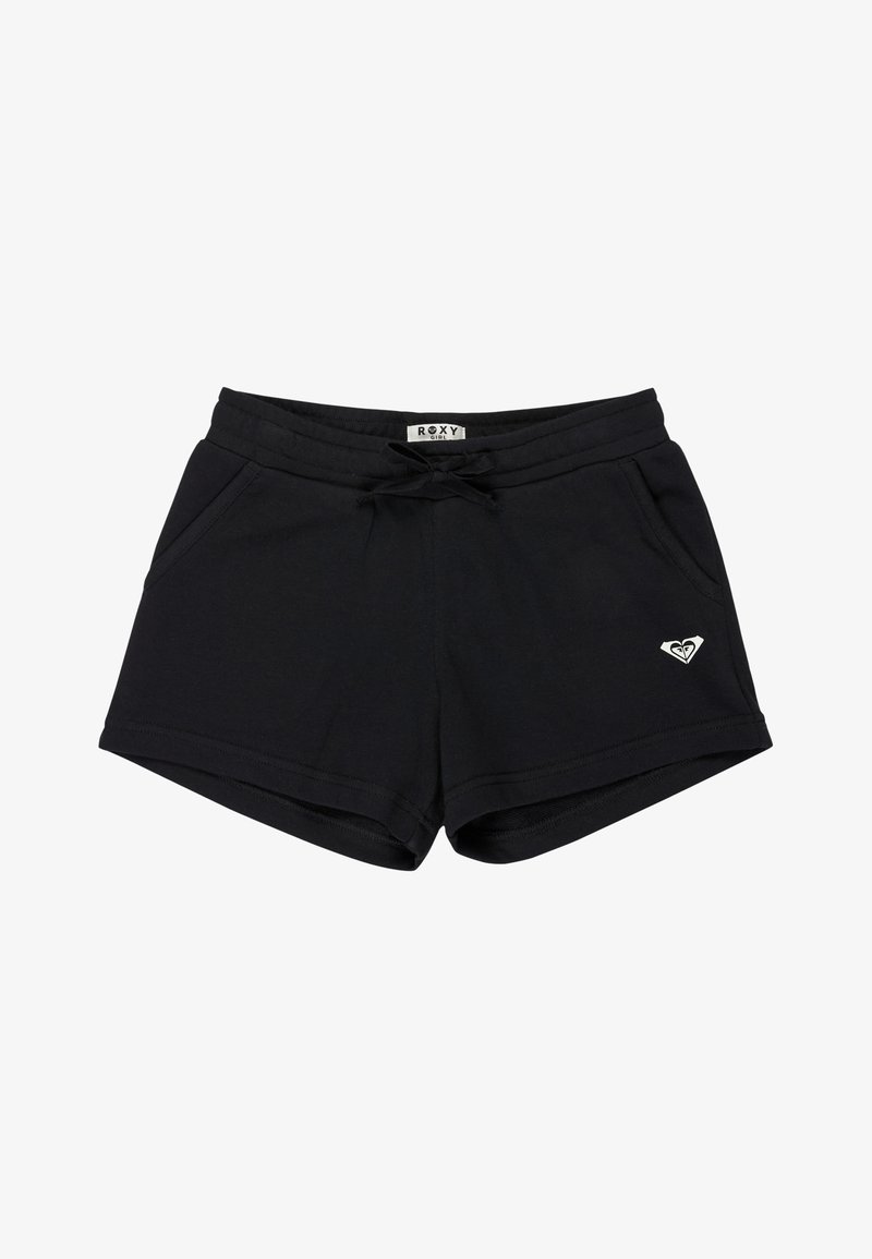 Shorts décontractés noirs avec taille à cordon, poches latérales et petit logo blanc Roxy sur la jambe gauche.