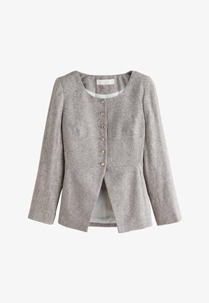 Hellgraue Fischgrät-Leinenjacke mit rundem Ausschnitt, langen Ärmeln, goldfarbenen Knöpfen vorne und leicht geschlitztem Saum vorne.