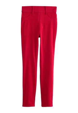 Kinder hellrote Slim-Fit-Hose mit Gürtelschlaufen und zwei Vordertaschen, auf weißem Hintergrund dargestellt.