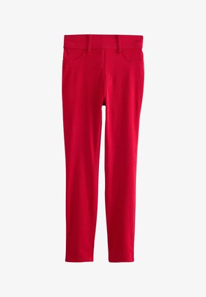 Kinder hellrote Slim-Fit-Hose mit Gürtelschlaufen und zwei Vordertaschen, auf weißem Hintergrund dargestellt.