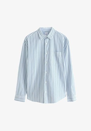 Camicia a righe blu chiaro e bianco con colletto, maniche lunghe e taschino sul petto. Realizzata in tessuto di cotone con una superficie liscia.