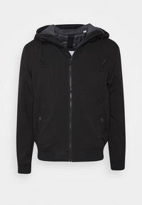 Černá kapuce bunda vyrobená z měkké tkaniny, s plným předním zipem, dvěma bočními kapsami a kontrastní šedou podšívkou.