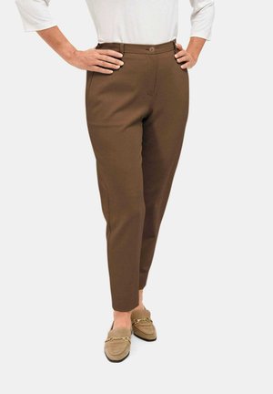 Brown tailored trousers with a mid-rise waistband, single button closure, and front pockets. Smooth texture, tapered leg design.