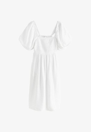 Vestido blanco hecho de una tela ligera, con un corsé fruncido, mangas cortas abullonadas y una falda fluida y recogida.