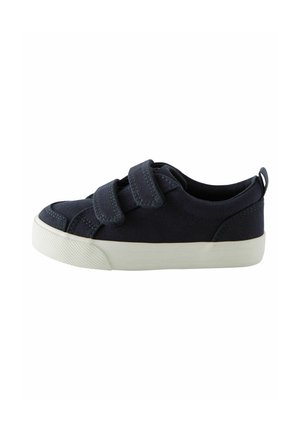 Marineblå børnesneakers med to velcrobånd og en hvid gummisål, sidevisning på hvid baggrund.