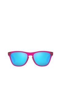 Pink sunglasses with blue mirrored lenses, featuring a classic shape and textured frames for grip. No additional hardware or accents visible.