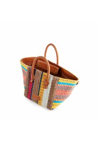 Borsa tote in tessuto lavorato con strisce multicolori gialle, rosa, blu e marroni, manici in pelle intrecciata color cammello e chiusura a scatto.