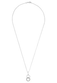 Collana d'argento con una catena sottile. Presenta due pendenti circolari intrecciati, uno liscio e l'altro decorato con piccole pietre.