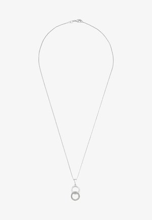 Collier en argent avec une fine chaîne. Il présente deux pendentifs circulaires entrelacés, l'un lisse et l'autre orné de petites pierres.