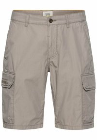 Helle graue Cargo-Shorts aus leichtem Stoff, mit zwei Seiten pockets und einem Knopfverschluss mit gestickten Details.
