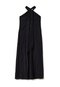 Abito nero a halter con una texture increspata, dotato di un lungo nastro al collo annodato e silhouette fluida, progettato per una vestibilità rilassata.