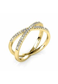 Anello d'oro con doppie bande dal design incrociato, adornato con piccoli gemme trasparenti lungo una delle bande per un tocco di brillantezza.