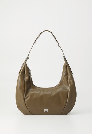 Olive green curved handbag made of smooth leather, featuring a single shoulder strap and a silver logo accent on the front.