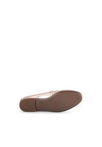 Light brown flat shoe with a shiny upper, rounded toe, textured sole, and a subtle brand logo on the side. Smooth material finish.
