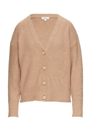 Beige neule, jossa on V-pääntie, kolme suurta nappia sekä ribbikuvioidut hihansuut ja helma. Valmistettu pehmeästä, teksturoidusta materiaalista.