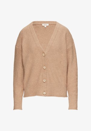 Beige Cardigan mit V-Ausschnitt, drei großen Knöpfen und gerippten Bündchen und Saum. Hergestellt aus weichem, strukturiertem Material.