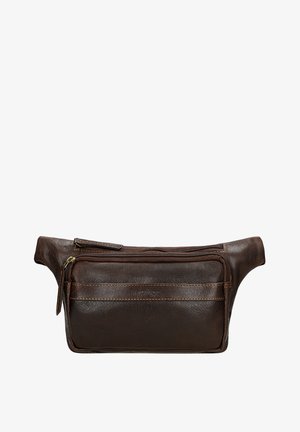 Marsupio in pelle marrone con finitura testurizzata, dotato di una tasca frontale con zip e un design semplice e lineare per un facile accesso.