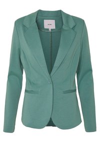 Slät teal-blazer för kvinnor med figurnära passform, snedskurna slag och enstaka knappstängning. Har två framfickor.