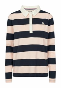 Polo-shirt met lange mouwen met afwisselende marineblauwe en lichtroze strepen, witte kraag, drieknopenlijst en een klein geborduurd logo.