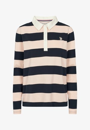 Polo-shirt met lange mouwen met afwisselende marineblauwe en lichtroze strepen, witte kraag, drieknopenlijst en een klein geborduurd logo.