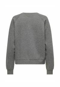 Sweatshirt gris à manches longues avec poignets et ourlet côtelés, petits trous décoratifs le long des manches supérieures, design arrière uni.