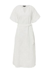 Weißes Kleid mit lockerer Passform, V-Ausschnitt, kurzen Ärmeln und einem Kordelgürtel. Verfügt über ein strukturiertes Blumenmuster.