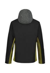 Giacca nera con cappuccio grigio, caratterizzata da pannelli accentuati verdi sui lati, con una texture liscia e un design aderente per l'uso all'aperto.