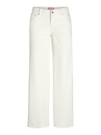 Jeans brancos de perna larga feitos de denim com uma textura suave. Apresenta cinco bolsos, um fecho de botão e um design de cintura ligeiramente alta.