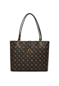 Borsa a spalla nera con motivo monogramma marrone, dotata di hardware color oro, manici lunghi e chiusura superiore sicura.