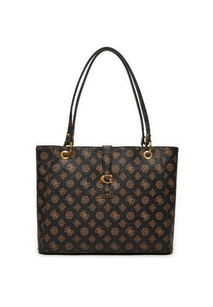 Borsa a spalla nera con motivo monogramma marrone, dotata di hardware color oro, manici lunghi e chiusura superiore sicura.