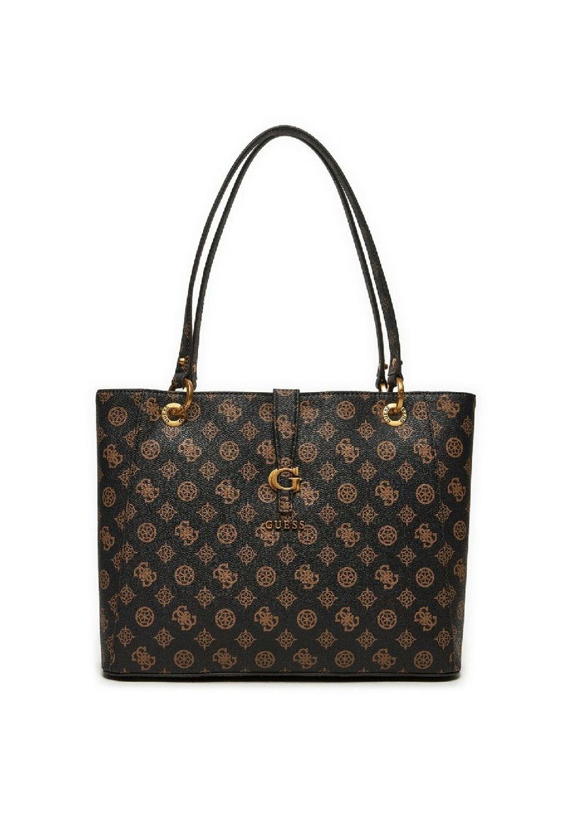 Borsa a spalla nera con motivo monogramma marrone, dotata di hardware color oro, manici lunghi e chiusura superiore sicura.