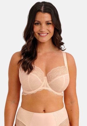 Spitzen-BH in zartem Rosa mit Bügelunterstützung, gewellten Rändern und verstellbaren Trägern, versehen mit fein gearbeiteten Spitzenapplikationen.