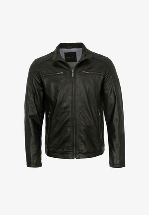 Schwarze Lederjacke mit Reißverschluss vorne, zwei Brusttaschen und seitlichen Taschen, ausgestattet mit Stehkragen und langen Ärmeln.