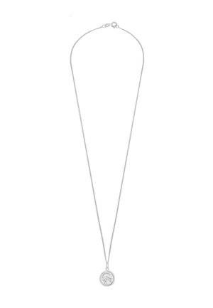 Silberne Halskette mit einer dünnen Kette und einem runden Anhänger, der ein graviertes Design eines Pferdes in stilisierter Art zeigt.