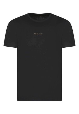 T-shirt noir à manches courtes avec col rond, "TEDDY SMITH" imprimé en petites lettres beige au centre de la poitrine.