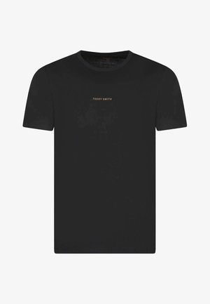 T-shirt noir à manches courtes avec col rond, "TEDDY SMITH" imprimé en petites lettres beige au centre de la poitrine.