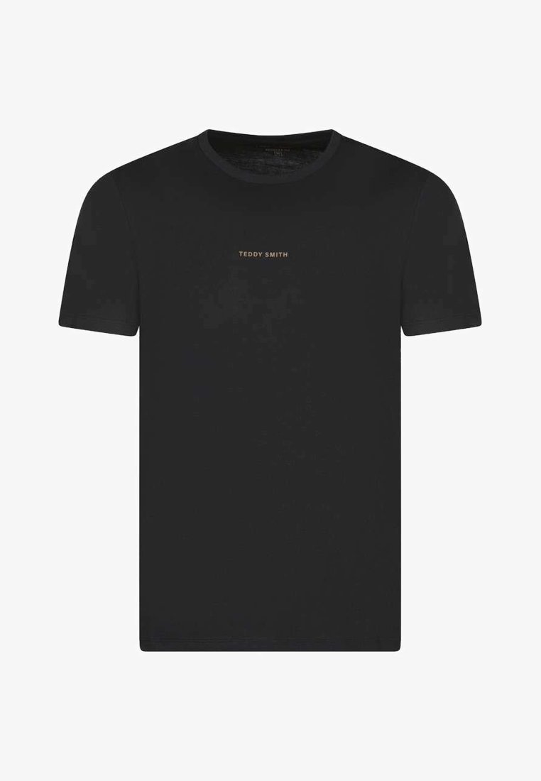 T-shirt noir à manches courtes avec col rond, "TEDDY SMITH" imprimé en petites lettres beige au centre de la poitrine.