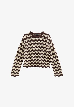 Suéter de manga larga hecho a crochet en colores marrón y crema con un patrón de zigzag y bordes festoneados, cuello redondo y corte ligeramente corto.